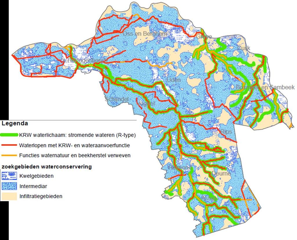Figuur 7: Voorbeeld van hoe doelen uit het waterbeheerplan samenhangen. Op kaart zijn weergegeven de kwel-/ en infiltratiegebieden en de KRW watergangen.