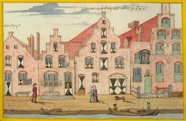 Achttiende -eeuwse prent van twee panden aan de Oude Delft. Midden het Generaliteitsmagazijn (wapenopslag) en rechts Het Wapen van Holland, een deftig woonhuis waar mr. Gaspar Gasparsz.