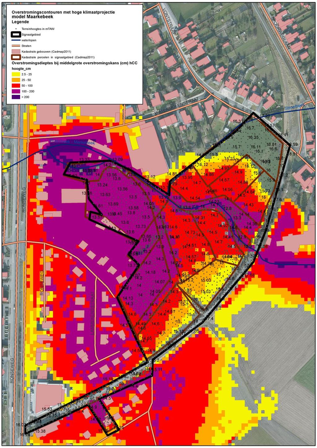 Handleiding kaart: De weergave van de kadastrale gebouwen (Cadmap 2011), kadastrale percelen (Cadmap 2011), straten en waterlopen geven een situering van het signaalgebied.