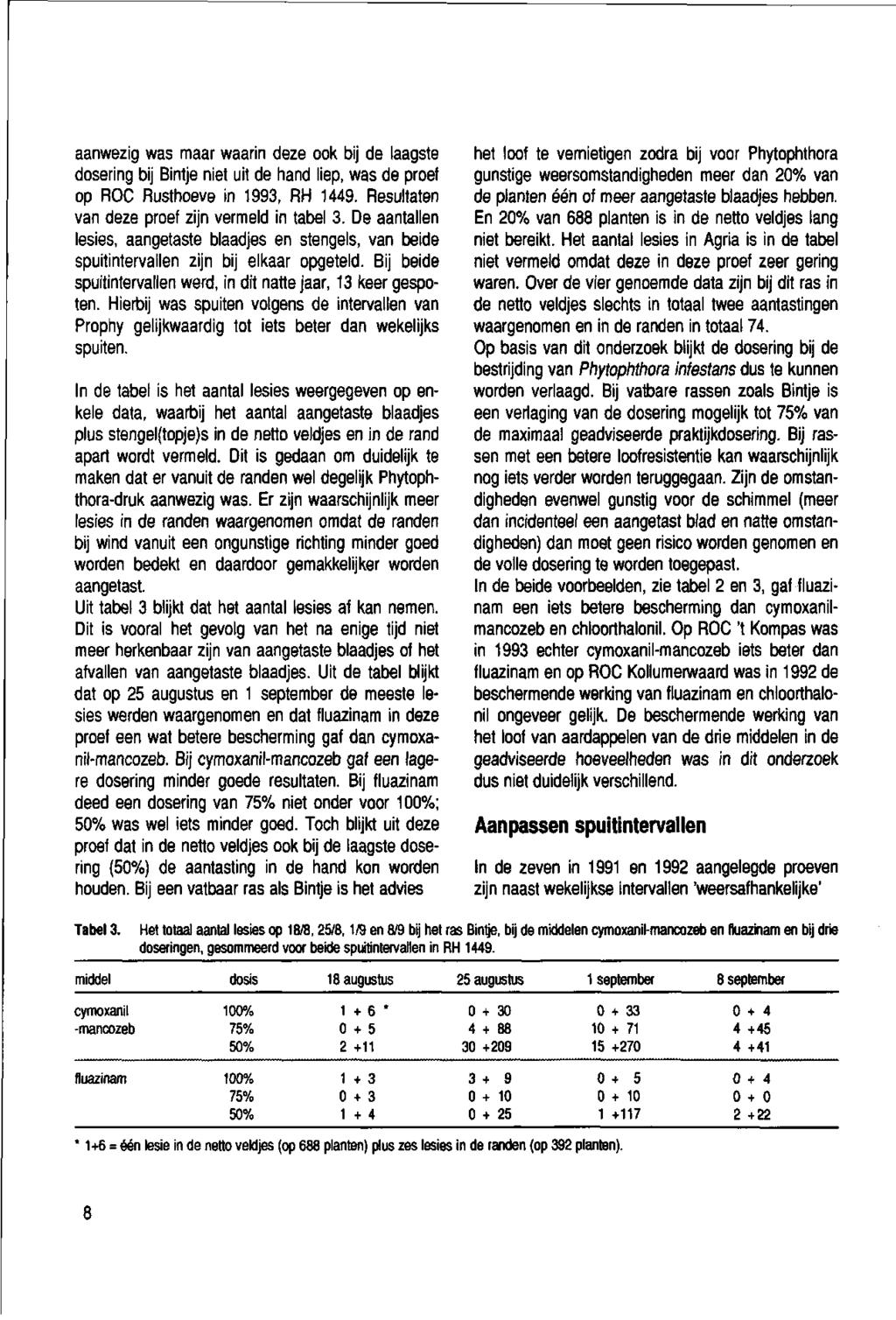 aanwezig was maar waarin deze ook bij de laagste dosering bij Bintje niet uit de hand liep, was deproef op ROC Rusthoeve in 1993, RH 1449. Resultaten van deze proef zijn vermeld in tabel 3.