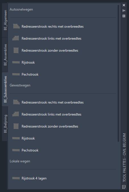 6.2.3 BE_Subassemblies Dit is een Tool Palette met Subassemblies die vaak gebruikt worden bij het ontwerpen van autosnelwegen en lokale wegen.