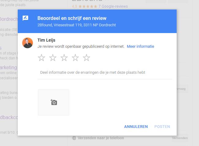 Stap 3: Zoek de Een review schrijven knop Misschien is de review knop je al opgevallen maar onderaan het Google Mijn Bedrijf profiel vind je onder Recensies de knop Een review schrijven.