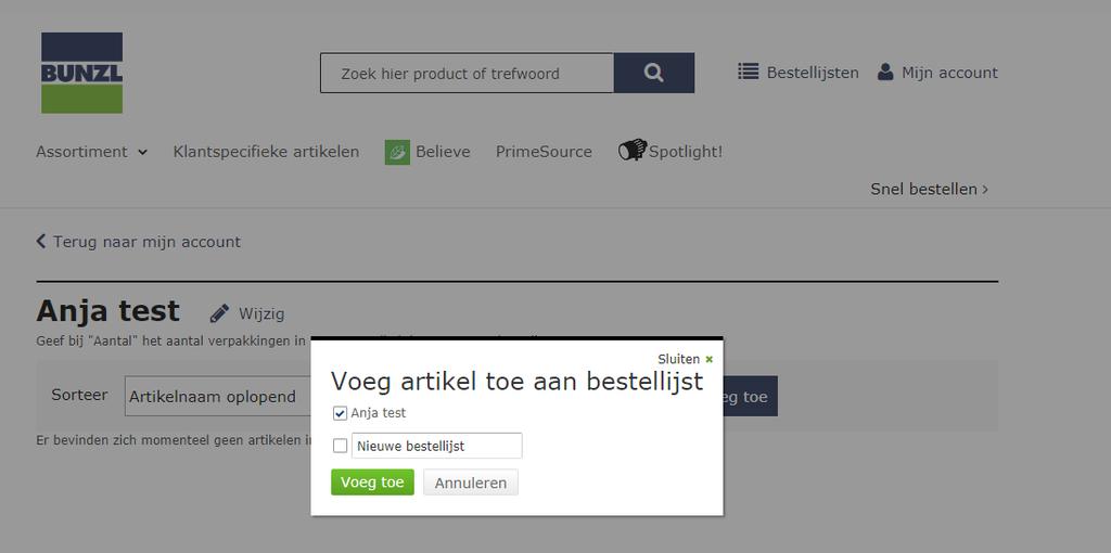 Daarna klikt u op de button Uw nieuwe bestellijst is verschenen in het overzicht.