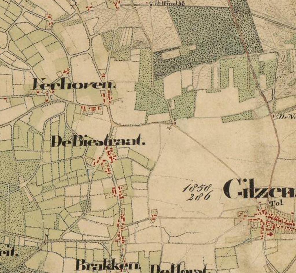 Gilze, 1858 Historische context Huidige Ridderstraat in 1414 al terug te vinden als verbindingsweg met Breda en Rijen.