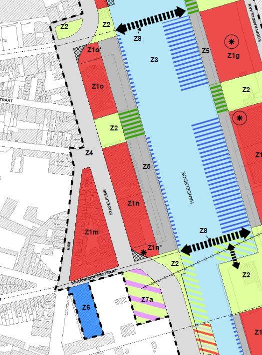 Uitgangspunten vanuit het RUP135 Oude Dokken De Handelsdokkaai valt binnen de bestemming Z5 zone voor kaaien De aanleg moet ruimte bieden voor fietsers en voetgangers De verschillende kaaidelen rond