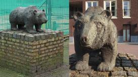 Titel: De Benschopse Beer Kunstenaar: Ineke van Dijk Locatie: Oranje Nassaustraat, Benschop Materiaal: Brons, bakstenen, kinderkopjes Dit beeld noem je een