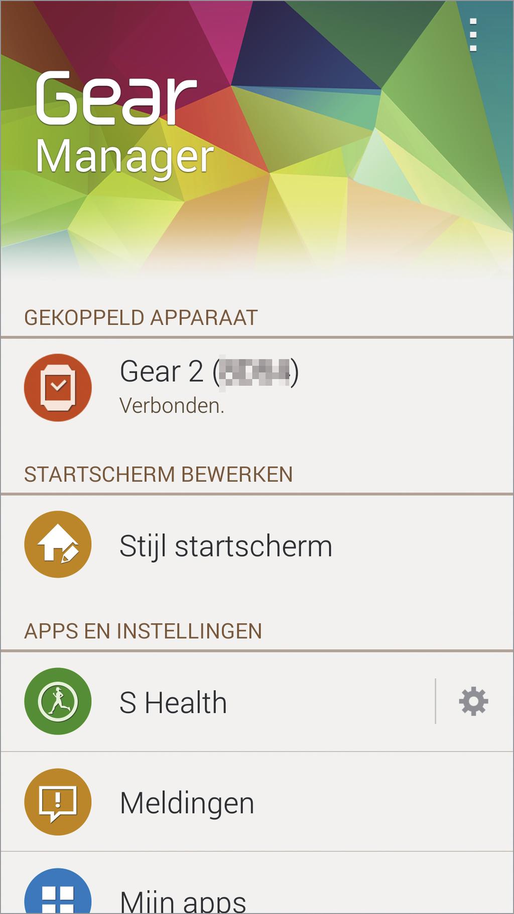 Wanneer de apparaten zijn aangesloten, wordt Gear Manager gestart op het mobiele apparaat. Vervolgens wordt het klokscherm op de Gear weergegeven.