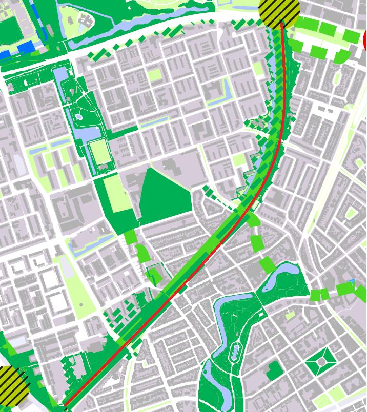 Afbeelding 2: uitsnede uit de SES-kaart (2014) met de globale ligging van het nieuwe fietspad (rode lijn).