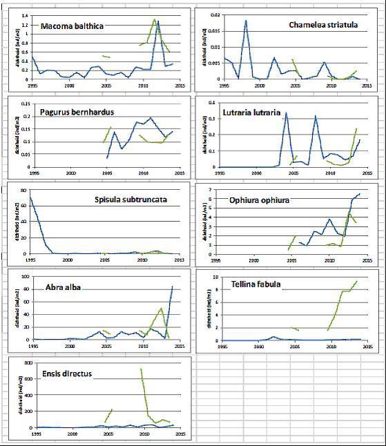 Figuur 20 Temporeel verloop van gemiddelde dichtheid. Blauw: voorjaarsmeting (WOT) in ICES-kwadrant 32F3. Groen: najaarsmeting (PMR). (Uit: Craeymeersch et al., 2015).