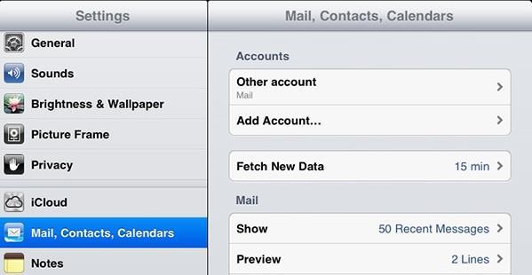 Druk op Add Account in het Mail, Contacts, Calendars