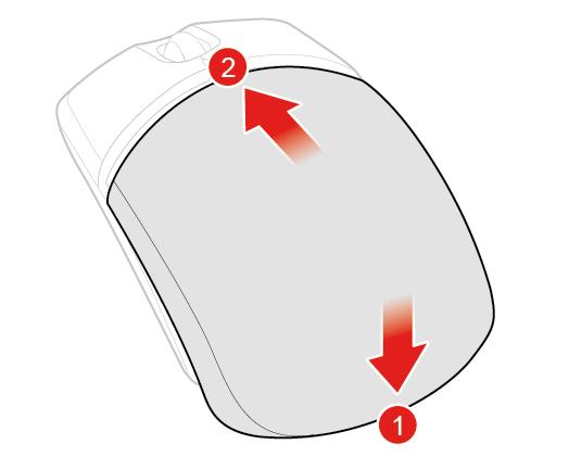 Figuur 14. Het afdekplaatje van de batterijhouder sluiten Figuur 15. De aan/uit-knop in de stand Aan zetten Opmerkingen: De groene LED geeft aan dat de muis klaar is voor gebruik.