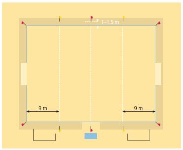 - Het speelveld wordt afgebakend door lint ( 2 zijlijnen en 2 doellijnen) - De gele vlaggen buiten het speelveld markeren aan iedere zijde het strafschopgebied.