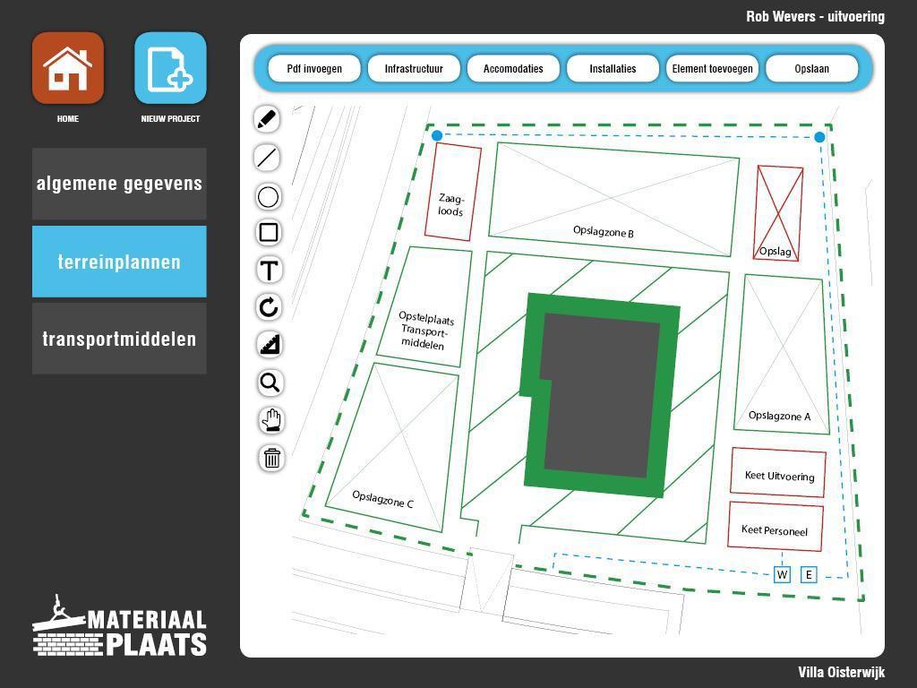 Handleiding Materiaalplaats Inlogmenu Startmenu Nieuw project Projectmenu Terreinplannen Opslag Restmateriaal Instellingen Na het invullen van de gegevens verschijnt u in het submenu Terreinplannen.