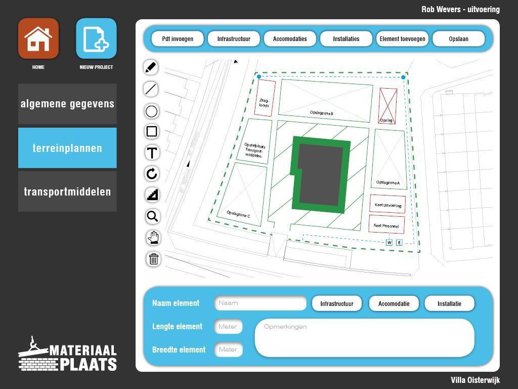 Handleiding Materiaalplaats Inlogmenu Startmenu Nieuw project Projectmenu Terreinplannen Opslag Restmateriaal Instellingen Indien u een element wilt invoegen welke niet standaard in het bestand van