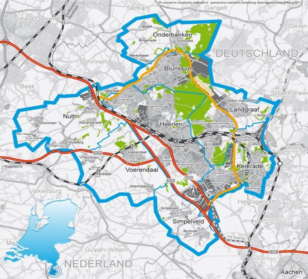 PARKSTAD LIMBURG Samenwerking (GR) van 8 gemeenten Stedelijk: Brunssum Heerlen Kerkrade Landgraaf Landelijk: Nuth Onderbanken Simpelveld