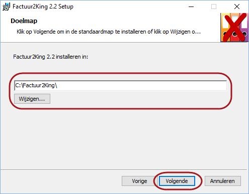 In de volgende stap wordt (indien van toepassing) de installatie locatie van de vorige installatie getoond, anders wordt hier de default locatie getoond.