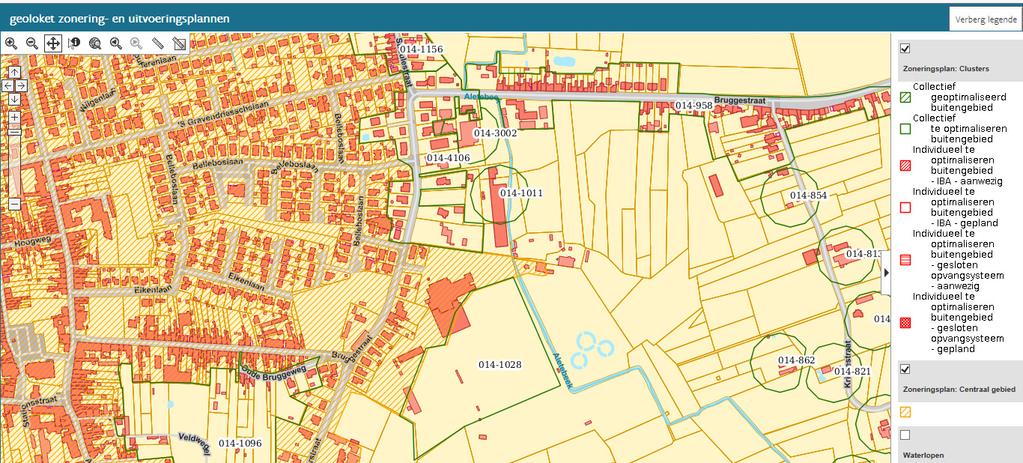 zoneringsplan: Het plangebied is voor de woningen langs de Bruggestraat ingekleurd als centraal gebied met uitzondering van de huisnummers