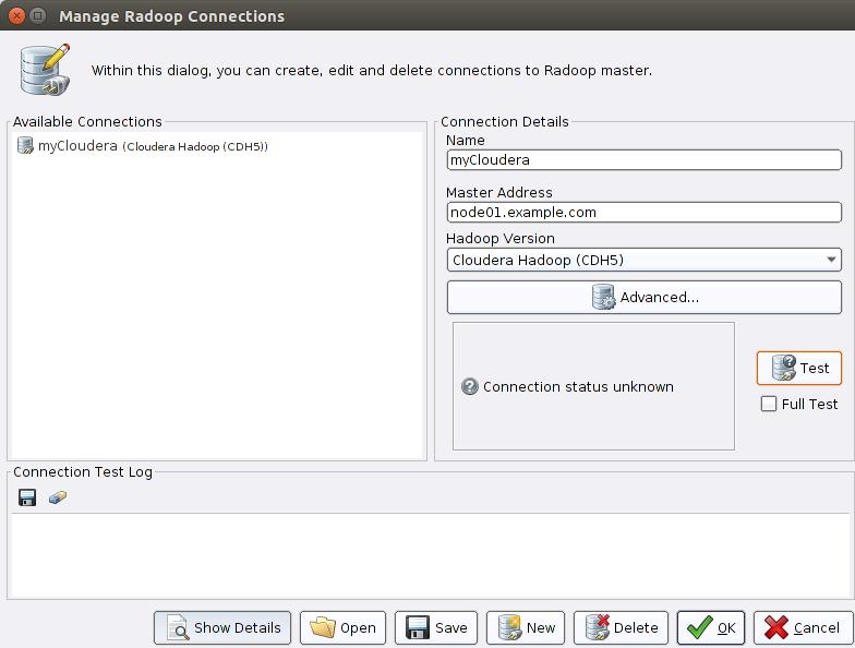 3.2 测试 RapidMiner Radoop 集群连接 RapidMiner Radoop 的内置测试功能, 在故障发 生之前帮助排除故障 基本连接测试点击在管理 Radoop 连接窗 口的测试按扭来测试到集群的连接 通过 一系列到集群上不同组件 (API) 的简单测试来验证集群正在运 行并且 RapidMiner Radoop 客户端可以对其进 行访问 全连接测试 一旦测试成功,