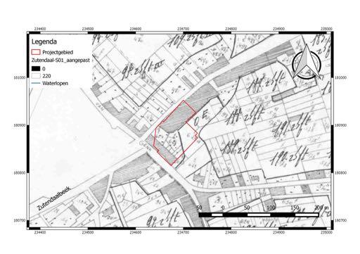 HetarcheologischvooronderzoekaandeDorpsstraatteZutendaal Fig.3.3:Hetprojectgebiedopdestippenkaart(1:5000). De#bodemkaart#(schaal#1:20.000)# # Opdebodemkaart(fig.3.2)isnaaranalogiemetdestippenkaarthetzelfdewaartenemen.