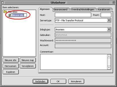 5 Vul een naam in voor de Nieuwe Site, bijv. testtransfer. 6 Vul de gegevens in: Host: testtransfer.apg.
