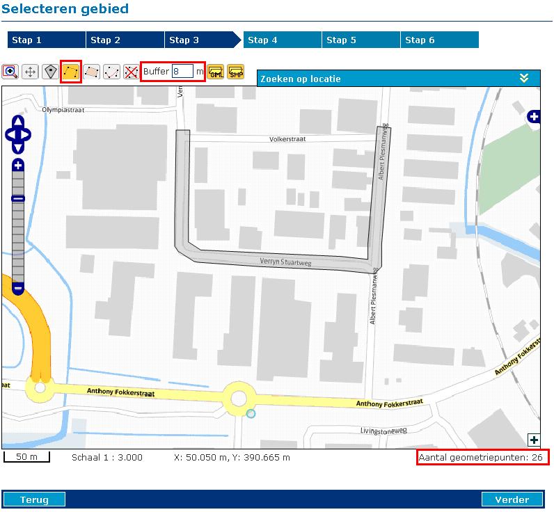 Als u niets invult, wordt een buffer van 10 meter (standaardinstelling) aangehouden.