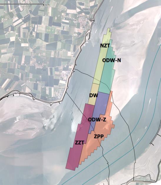 Figuur 2-6: Morfologische deelgebieden aan de Rug van Baarland Voor de Plaat van Walsoorden (Figuur 2-7) werd origineel een onderscheid gemaakt tussen: NZT: Noordelijke ZandTong NVS: Noordelijke