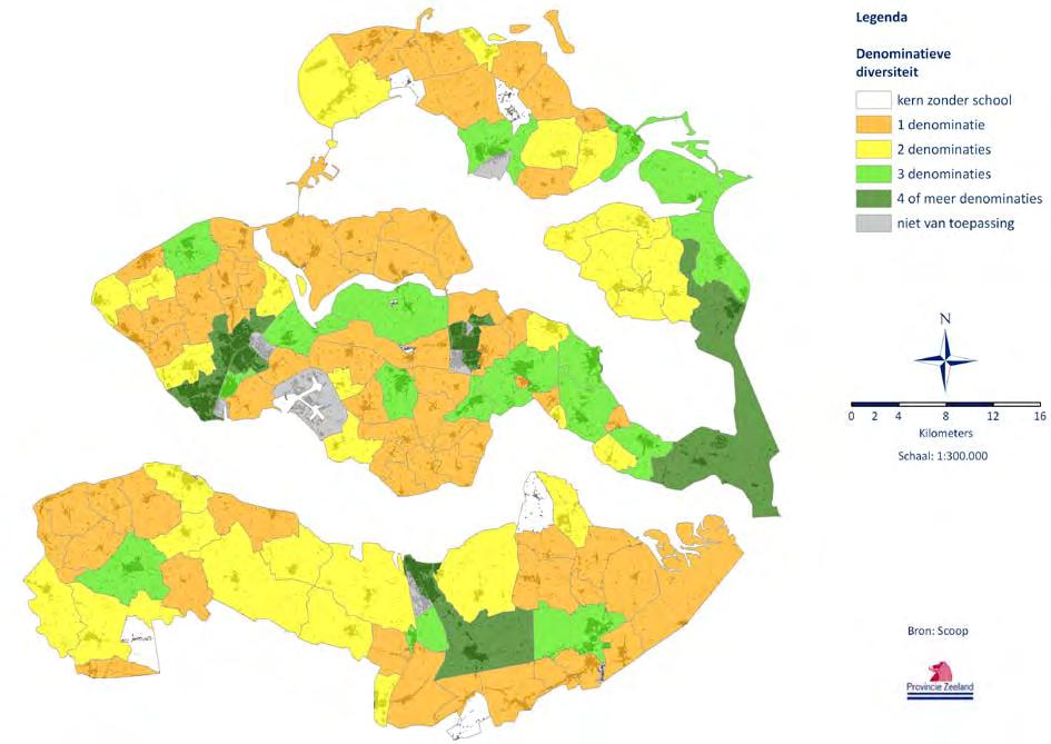 Figuur 15 Denominatieve diversiteit in het basisonderwijs per kern Door de afnemende leerlingenaantallen zal in de steden op wijkniveau eenzelfde instandhoudingprobleem ontstaan als in de dorpen.