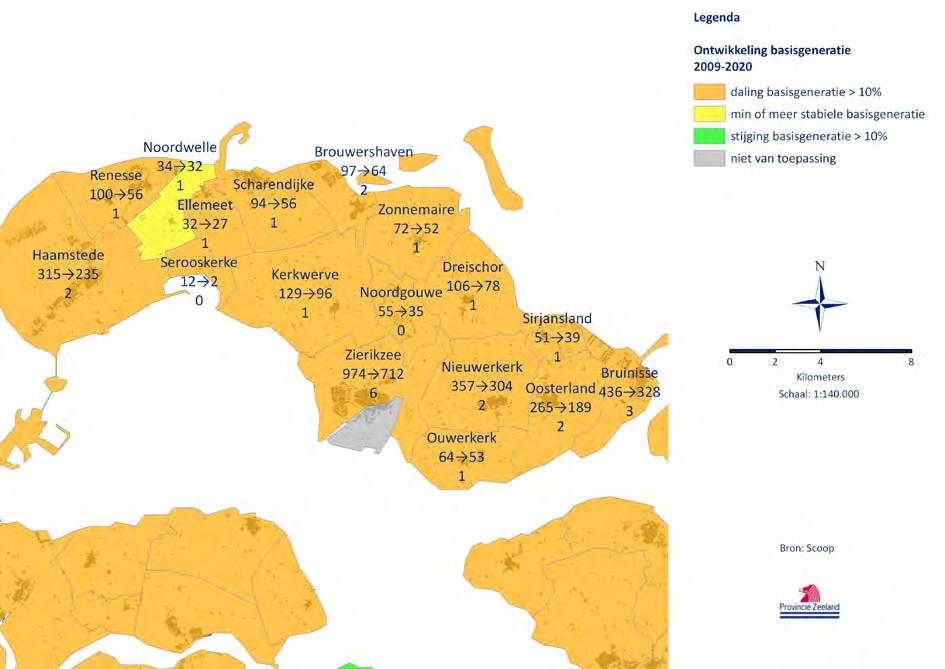 Figuur 21 Per kern de omvang en verwachte ontwikkeling in de basisgeneratie tussen 2009 en 2020; daaronder het aantal basisscholen in die kern - Schouwen-Duiveland Schouwen-Duiveland Afgemeten aan de