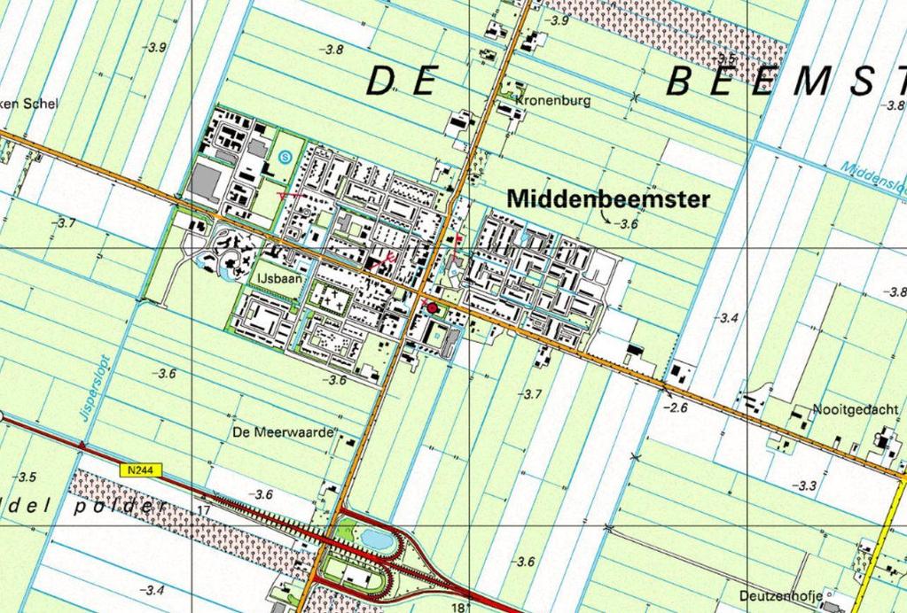 Figuur 13 Deze kaart uit 2000 toont o.a. de nieuwbouwwijk die in de noordoostelijke kwadrant wordt gerealiseerd.