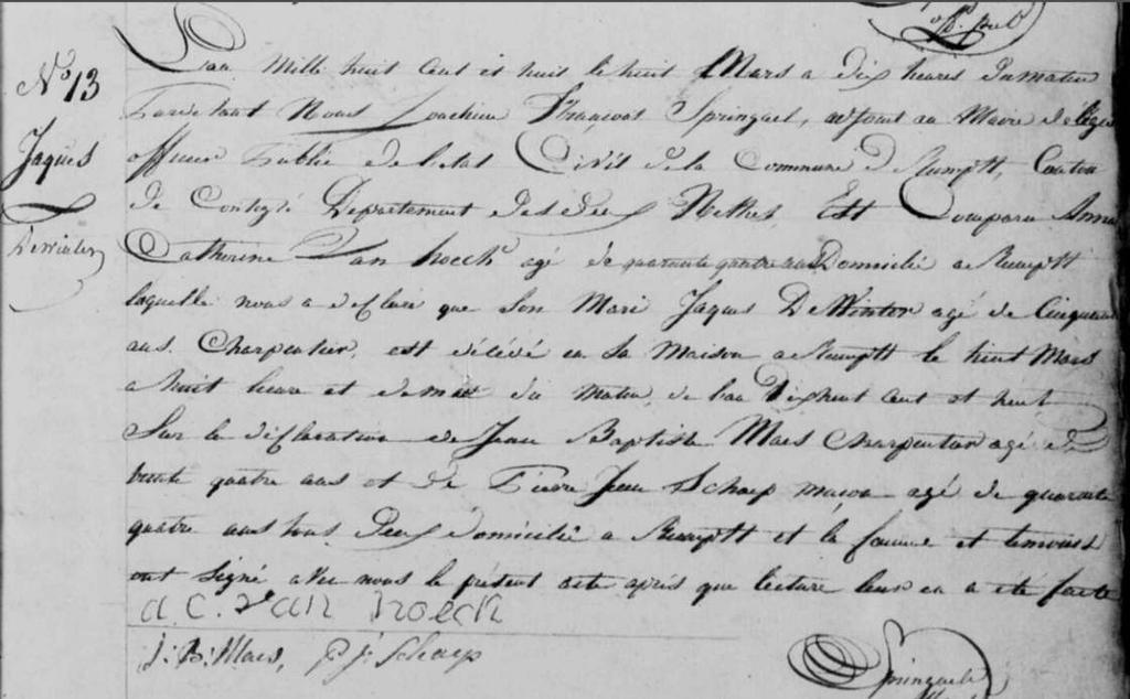 GENERATIE 7 VII. Jacobus Franciscus DE WINTER, ged. Rumst 12 december 1758, Rumst 8 maart 1808. x (Niel 20 juni 1791) 43. Anna Catharina VAN HOECK, ged. Rumst 13 maart 1765, Rumst 10 juni 1853.