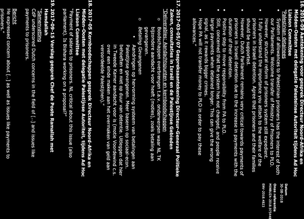 16. 2015-09 Aantekening voor gesprek Directeur Noord-Afrika en Midden-Oosten met delegatie Palesteinse Autoriteit tijdens Ad Hoc Liaison Committee Palestinian detainees System of allowances to