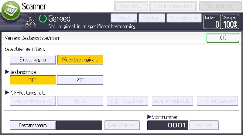 Het bestandstype opgeven Procedure voor het specificeren van het bestandstype (klassiek) 1. Druk op [Verzend Bestandstype/naam]. 2.