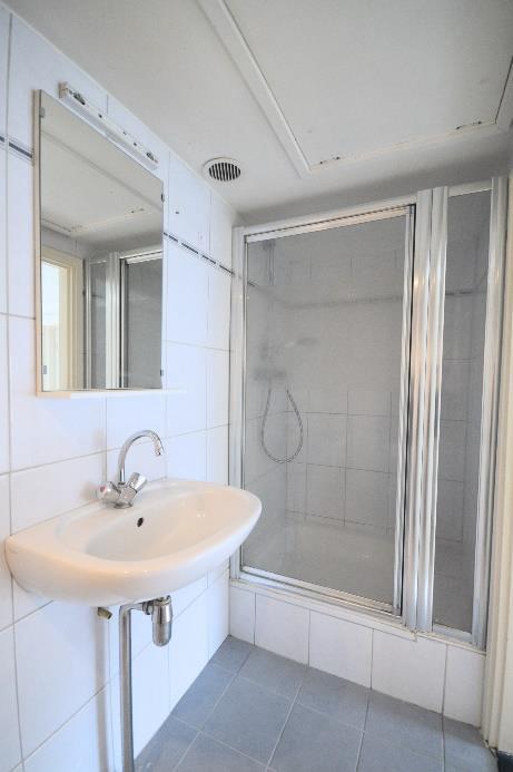 De badkamer (3 m²) met mechanische afzuiging grenst aan slaapkamer 2 en beschikt over een douche, wastafel en witgoedaansluiting.
