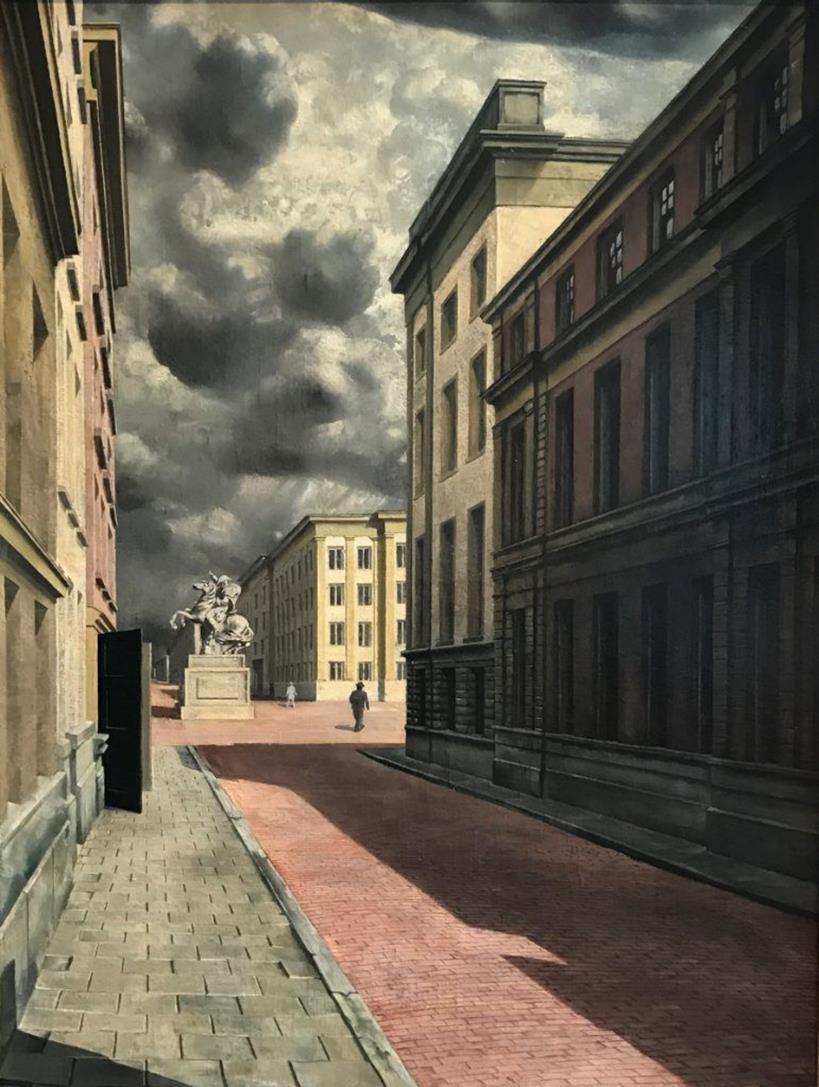 Straat met standbeeld 1934 Carel Willink 1900-1983 Olieverfschilderij. 75x100 cm In lijnperspectief geschilderd.