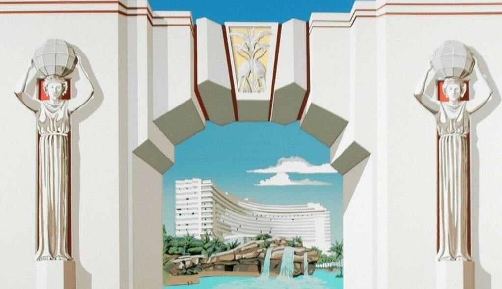 Mural Fontainebleau hotel 1986-2002 Ruud de Haas Trompe l oeil Muurschildering 30x40 m Miami Kunstenaar Richard Haas maakte handig gebruik van trompe l'oeilmagie toen hij een zes verdiepingen