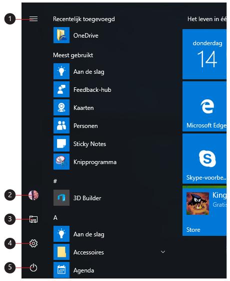 Helemaal links in het Startmenu zie je speciale iconen. In de afbeelding hiernaast zijn ze genummerd. Korte uitleg: 1. Menu (uitvouwen om namen voor alle menu-items weer te geven) 2.