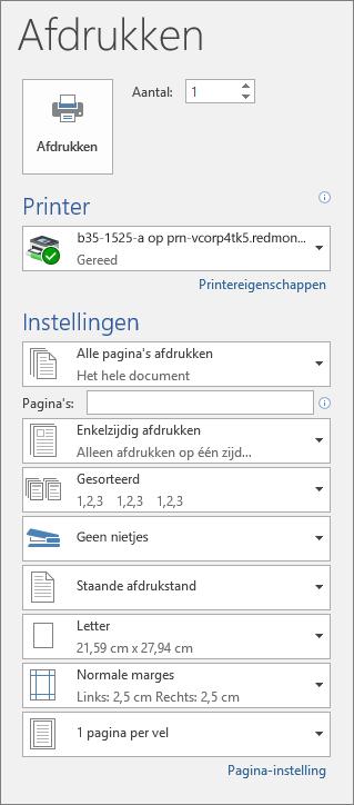 Opdracht 4 Open een bestaand Word document dat hooguit 3 pagina s bevat en kies in het tabblad Bestand voor Afdrukken. Er opent zich een nieuw menu met opties.
