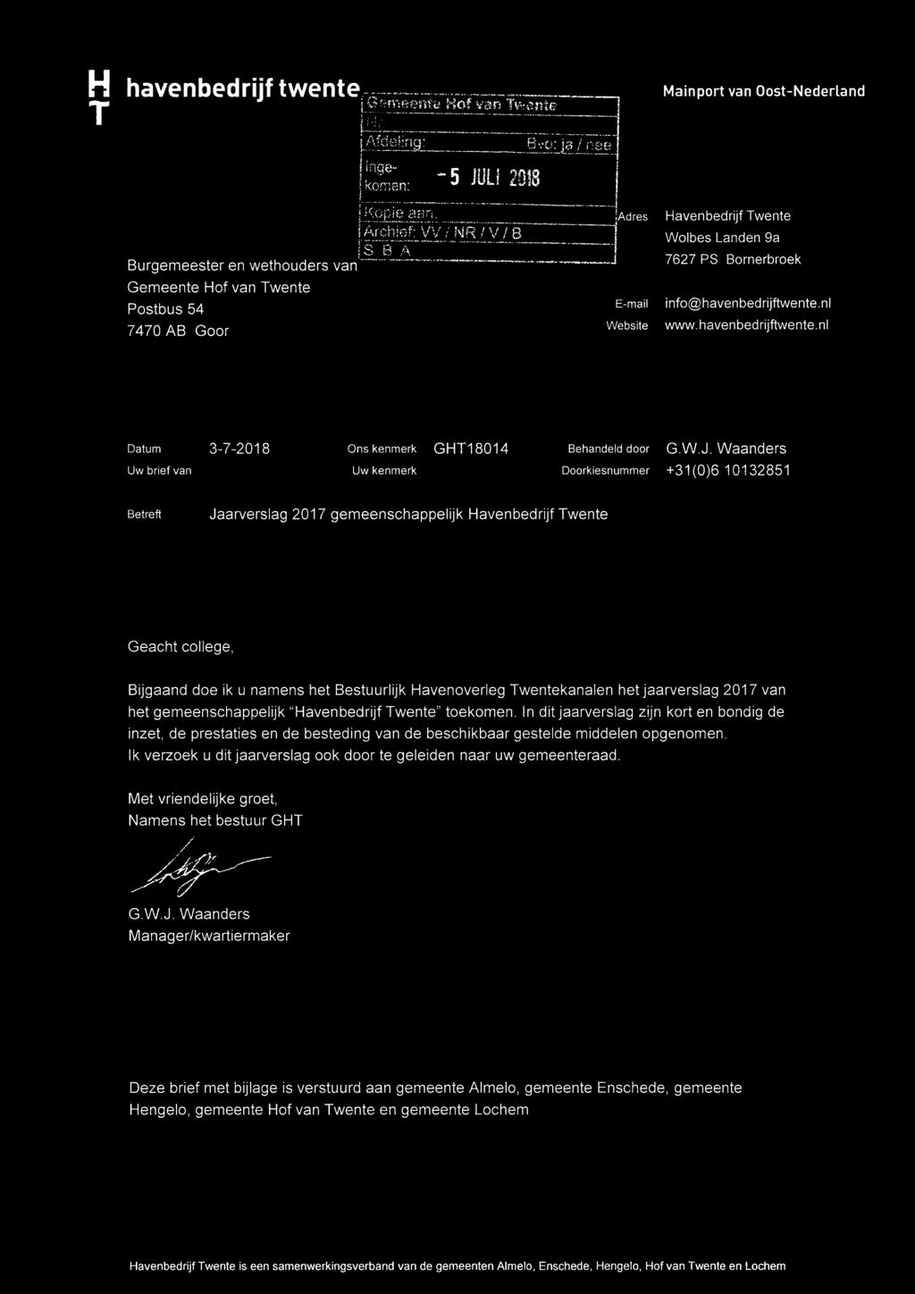 n1 www.havenbedrijftwente.ni Datum Uw brief van 3-7-2018 Ons kenmerk GHT18014 Uw kenmerk Behandeld door G.W.J.