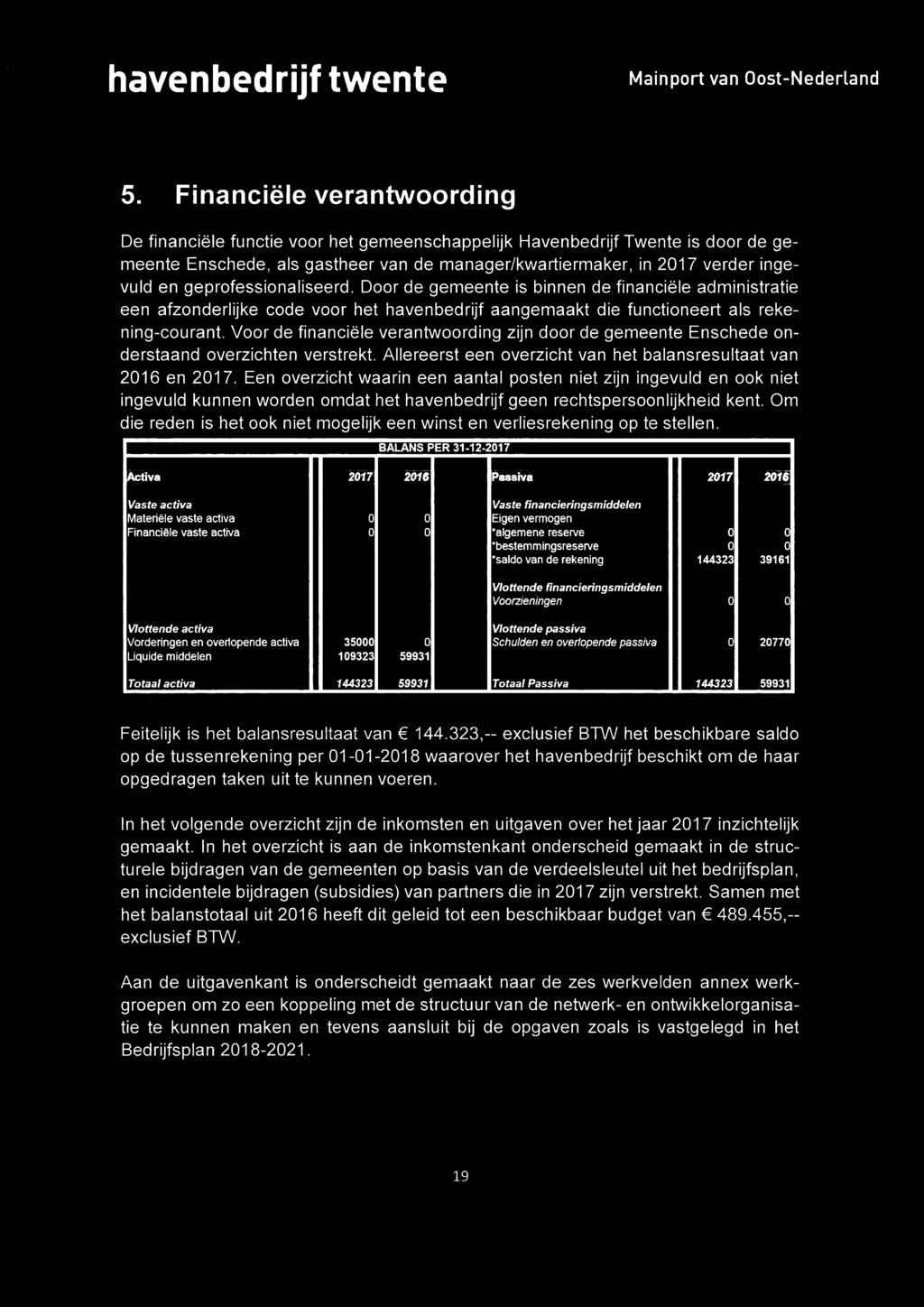 Voor de financiële verantwoording zijn door de gemeente Enschede onderstaand overzichten verstrekt. Allereerst een overzicht van het balansresultaat van 2016 en 2017.