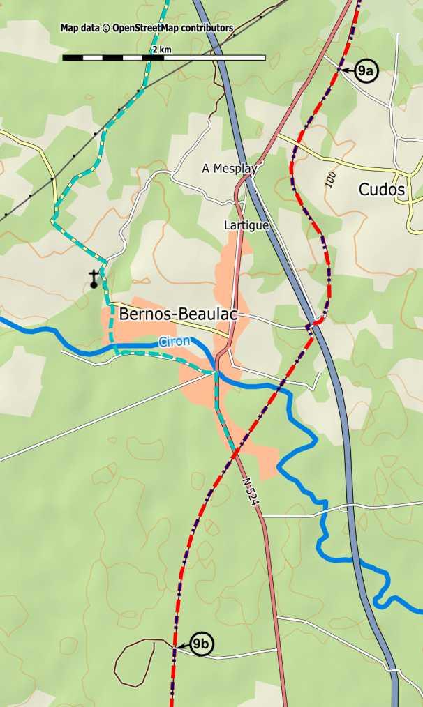 Km 100.0 Aankomst bij een grindweg, volg deze [westelijk van de D524 (B V)]. Km 100.