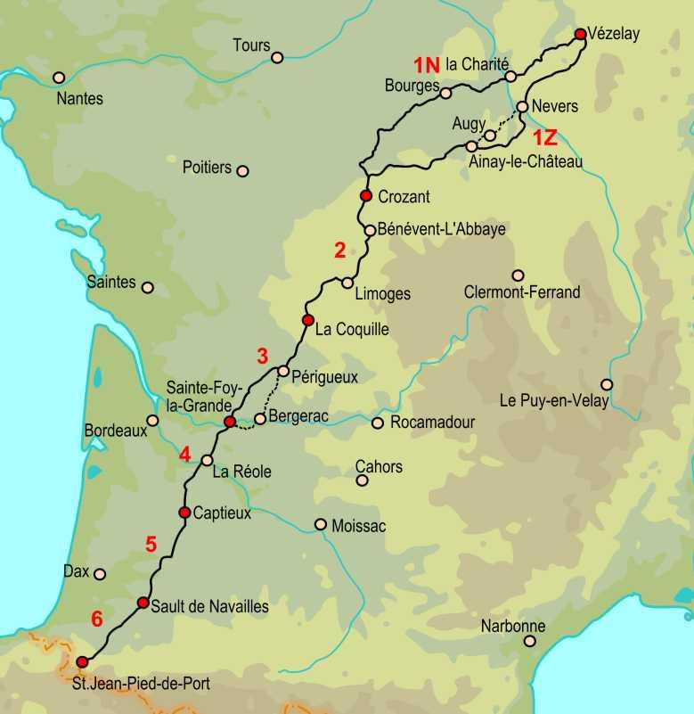 Overzicht van de route Ter beperking van de omvang van deze gids zijn de twee aanvangsvarianten in afzonderlijke gidsjes uitgebracht: de Noordelijke variant via Bourges (1N) en de Zuidelijke variant