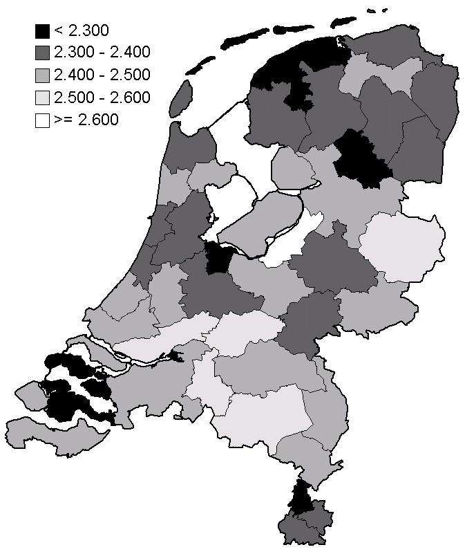 Figuur 3: Huisartsendichtheid (aantal inwoners per FTE huisarts) op 1 januari 2002 per WGR-regio 3.