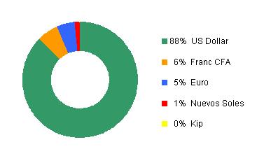 Verdeling per munt Het merendeel van de financieringen gebeurt in US dollar (88%). Verder wordt ook de euro gebruikt (5%).