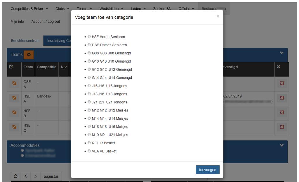 Vervolgens krijg je een scherm met 3 onderdelen: Geef aan op welk niveau dit team wil inschrijven, voor welke beker en de voorkeur qua weekend (A of B).