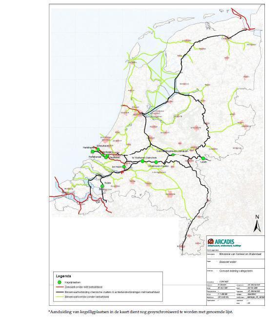 2. Categorie binnenvaart zonder frequent vervoer (groen in figuur 1) in CEMTklassen onderverdeeld in IJmeer/Gooimeer (klasse IV, bruin in figuur 2) en Hoge en Lage Vaart (klasse II, geel in