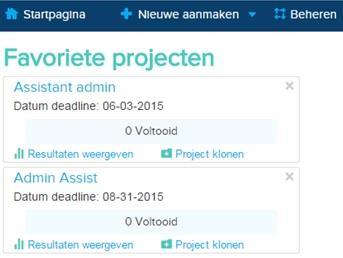 Een project beheren en bewerken U kunt uw projecten op twee manieren beheren en bewerken: - Vanaf de menubalk via Beheer - Vanuit uw favoriete projecten.