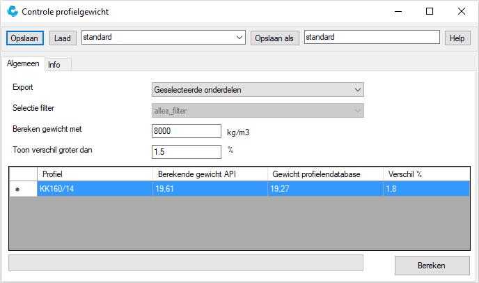 Via de API wordt een gewicht uitgerekend en deze wordt vergeleken met het gewicht per meter dat is gedefinieerd in de profielendatabase.