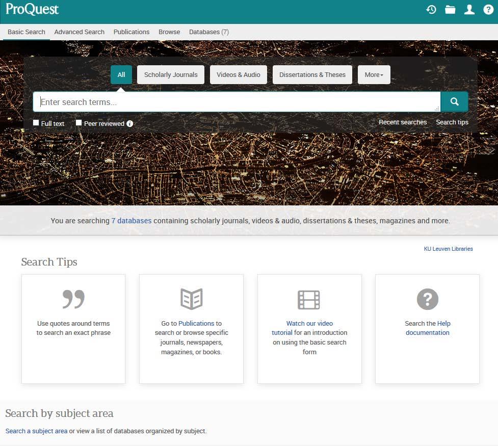 2 Zoeken in ProQuest-databanken Vanuit dit scherm is het gemakkelijk om één of meer van de andere databanken aangeboden door ProQuest te ondervragen.