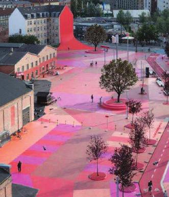 Superkilen, Kopenhagen De blinde puntgevel Simulatie op de gevels van het Sint- Guidocorso Behandeling van de bouwlijnen Om de landschappelijke kwaliteit van de ruimte te