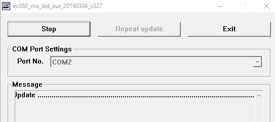 4. Klik in de update software op Update Target. In het Message scherm zal Update. komen te staan. U kunt nu de P330/350 aan zetten met de schakelaar.